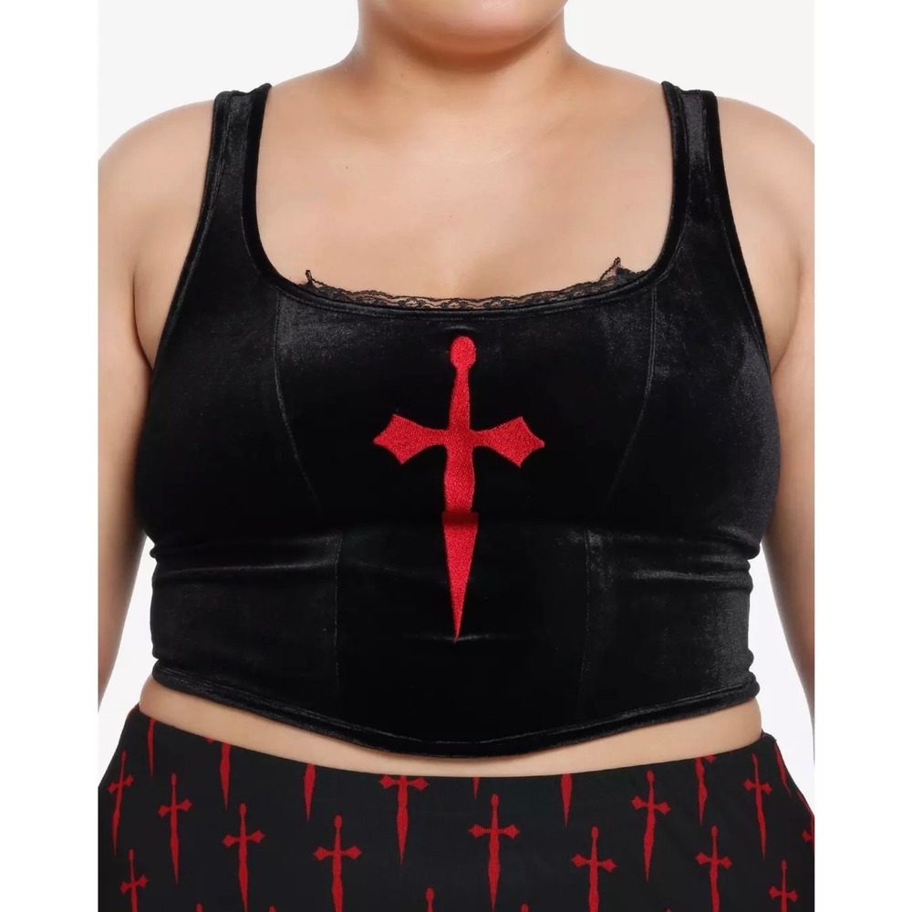 Social Collision 3X Red‎ Dagger Black Velvet Cropped Tank Top Corset Back Gothic
